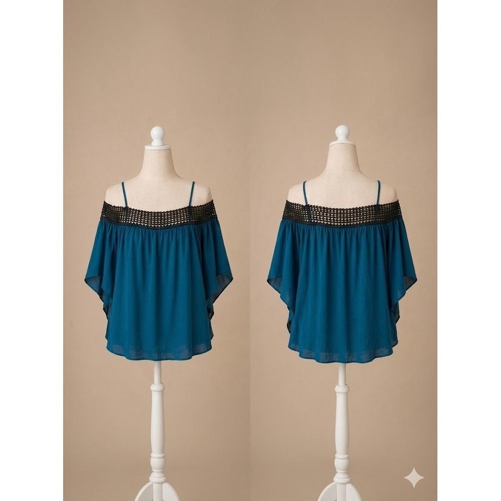 Audrey Ann Off Shoulder Top L Teal Blue Boho Beach Vacation Blouse